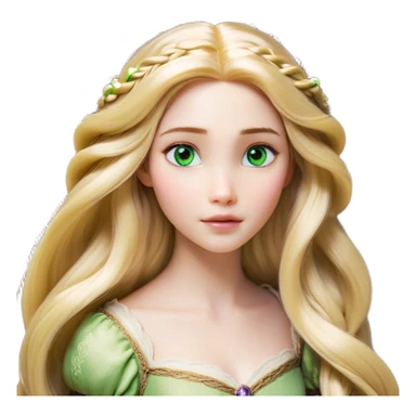 Cinematic Realistic Rapunzel Portrait, with porcelain-like skin featuring a subtle, natural glow, illuminated by soft lighting that brings out the gentle contours of her face. Her long, golden blonde hair cascades in detailed waves, each strand highlighted with a radiant shimmer as it catches the light. Her bright, expressive green eyes exude curiosity and warmth, framed by delicate lashes and soft, arched brows. Her expression is playful and vibrant, with a gentle smile. She is dressed in her classic lavender and pink gown, the fabric textured with delicate folds that flow naturally, catching the light with a soft, radiant glow. The portrait captures a luminous, enchanting aura, seamlessly blending realism with a whimsical, fairytale charm, evoking a timeless sense of beauty and magic. sticker