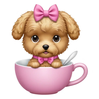 Golden maltipoo dog with pink bow k bow that is very poise make it have a cup of tea sticker