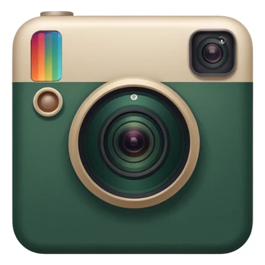 Instagram logo in iOS style, dark green with light beige elements, no other colors, square with rounded corners, large camera lens, minimalist design sticker