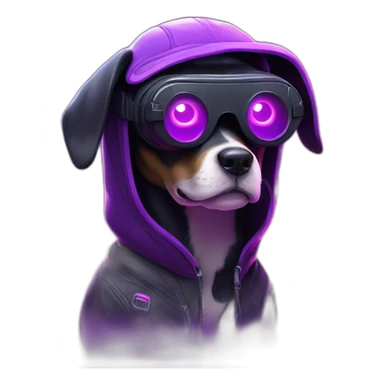 funny dog wearing a black hoodie with "OMG" letters on it and VR headset in a cyberpunk VR environment with violet neon lighting. sticker