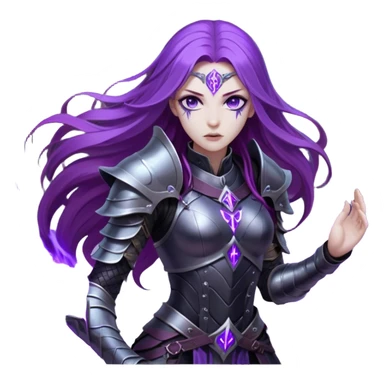 A mysterious warrior girl with long, flowing purple hair catching the dim light. Her glowing violet eyes stare forward, unwavering. She wears sleek black armor, adorned with silver runes that pulse faintly with hidden power. A dark mist swirls at her feet, hinting at the energy she commands. sticker
