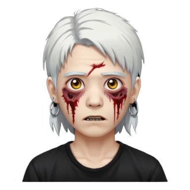 ok make a zombie avatar that has pale skin more like zombie not human, young, asian, mullet hair, white hair with hoop earrings wearing just a black T shirt white blood from the eyes, p sticker
