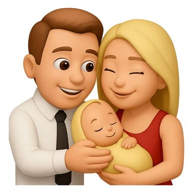 Edit the two emoji characters to hold a baby together, both smiling and looking at the baby with affection. Maintain a transparent background. The style should resemble the original emoji style but use the general editor for best editing support. sticker