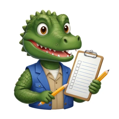 A gator with a clipboard and a pencil, offwhite background sticker