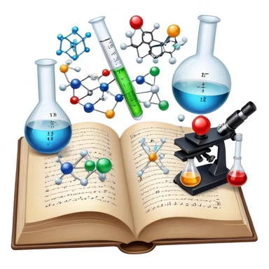 Icon for Scientific and Educational Reading: an open book with mathematical and physical formulas on the pages, with molecules and atoms flying out. On the desk are test tubes, flasks, and a microscope. Transparent background. sticker