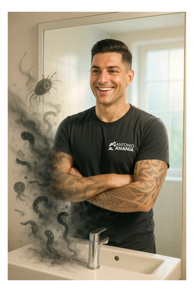 a man stands, looking relieved and revitalized as he examines his reflection in the mirror. In the foreground, stylized, shadowy images of parasites (such as worms or protozoa) are shown leaving his body, dissolving into mist or fading away. His posture is upright and his expression is one of newfound energy and health. sticker