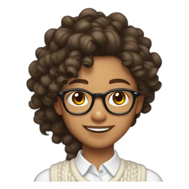 smiling indian teenage girl with curly hair and glasses wearing a collared long sleeve white shirt under a white sweatervest sticker