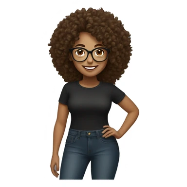 Woman with big curly hair with glasses in black blouse smiling with brown eyes in jeans and sneakers sticker