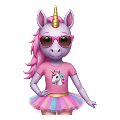 friendly anthropomorphised female unicorn with horse-like face, in tutu and pink t-shirt, wearing dark sunglasses, standard pose, close-crop head and shoulders portrait sticker