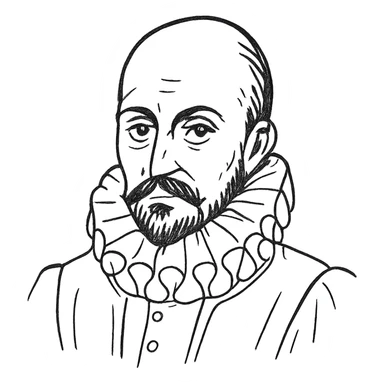 a hand drawn black outline portrait of philosopher Montaigne with similar-sized eyes based a famous portrait of him sticker