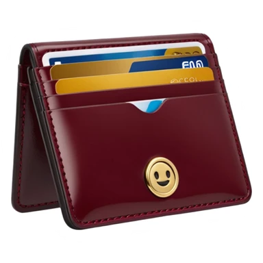 A professional studio photograph of a high-quality, slim leather card holder. The card holder is in [deep Burgundy color with a high-gloss patent enamel finish, reflecting light like a jewel .It features precise stitching and minimalist, elegant metal hardware sticker
