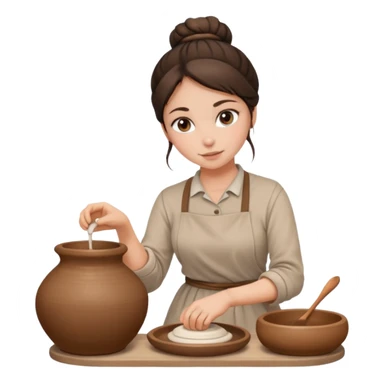 Brunette girl with a bun, behind the potter's wheel, wearing neutral clothing sticker