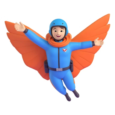 skydiver in a wingsuit, arms spread, blue sky background, smiling sticker