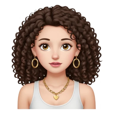 white girl with long dark brown curly hair with a little volume wearing a white tank top. Blush on the cheeks and big eyelashes and a brown-pink lip combo. gold hoops as earrings(medium size)  and a small gold hoop for a nose ring  and a square small denty gold necklace  sticker