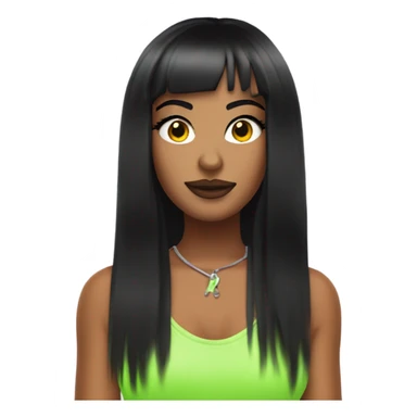 Tanned woman with long black hair dressed in Y2K hip hop hair, makeup, and neon attire sticker