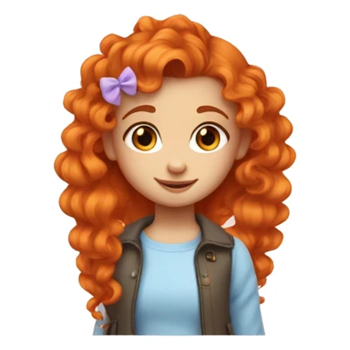 a Small girl with saturated orange hair that is curly and long but with a smaller pony tail on the said with a pink heart hair clip. blue eyes sticker