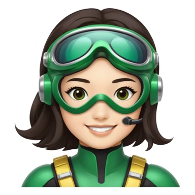 green Power Ranger, Asian girl with long, less wavy dark brown hair, side parting, smiling, wearing scuba goggles sticker