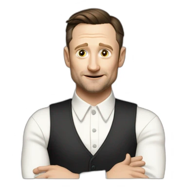 tim robinson dark black slicked back hair white long sleeve ring collar waffle shirt with a light white cream grey vest sticker