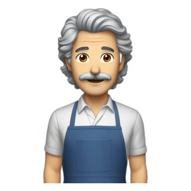 Mature man, gray shaggy hair, brown eyes, mustache, apron sticker