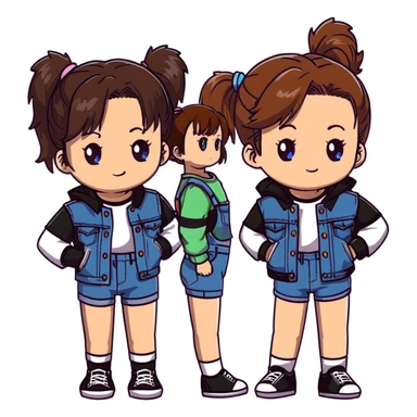 Two anime girls who are best friends, both with brown shoulder length hair. First girl has blue-green eyes, wearing black and white striped t-shirt, denim jacket, and denim shorts. Second girl has brown eyes, wearing denim overalls, with hair in a ponytail secured by a claw clip. sticker