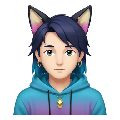anime man with straight long dark-blueish-black-gradient hair, long black fox ears with pink Scapha, hazel-gradient-brown-turquoise eyes, gold earring hanging from fox ear, dark-blue-sweater sticker