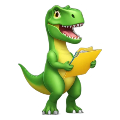 Green T-Rex dinosaur with yellow folder in hand sticker