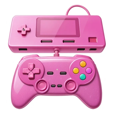 glittery pink 90s retro game console with pink corded controller next to it sticker