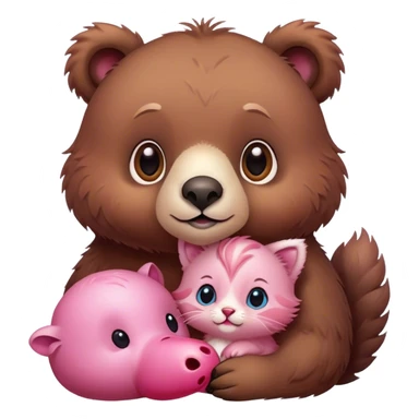 A cute realistic brown bear with a realistic cute pink dodo closely together, and a brown kitten sticker