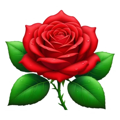 Cinematic Realistic Rose Emoji, Elegant and full of grace, with velvety, deep red petals unfurling in a perfect bloom, dew drops glistening on the soft edges, and a faint fragrance hanging in the air. The lush green leaves surround the stem, creating a vibrant contrast to the rich color of the petals. Soft glowing outline, capturing the essence of timeless beauty and romance in a single bloom. sticker