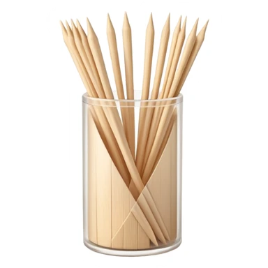 small bundle of pointed wooden toothpicks, loosely fanned or partially contained in a clear cylindrical dispenser, light beige sticks with tapered ends, smooth texture, slight variation in angle, no mouth, hand, or extras, soft lighting, subtle shadows, emoji scale sticker