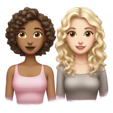 Two separate emojis, one a beige girl with wavy brunette hair and brown eyes, one a curly black brownish haired girl with pale skin and long lashes alongside big brown eyes and pink lips sticker