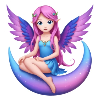 Beautiful, flower, fairy, pink, blue, purple, long hair, big wings with blue eyes sitting on a half moon sticker