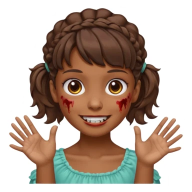 Cabelo ondulado  um pouco cheio e franja curta  Olhos marrons e pequenos e feita d ezumbi mais bonita com cabelo amarro na e com as mãos assim tipo assim🧟‍♀️ sticker