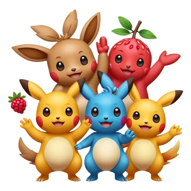 Three Pokémon characters showing kindness and teamwork. One Pokémon is handing a berry to another, while the third Pokémon is cheering and clapping happily. They look joyful and friendly, standing close together in a bright, colorful cartoon scene. The style is cute, playful, and emoji-like. sticker