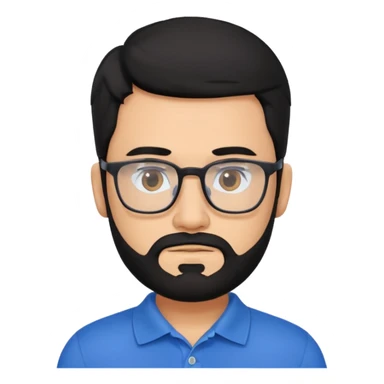 A tanned bearded man with black hair wearing glasses and a blue polo sticker