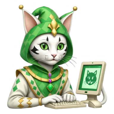 mac os icon code computer retro terminal, black, green white, fantasy court jester cat draw as ASCII GREEN code inside the terminal sticker