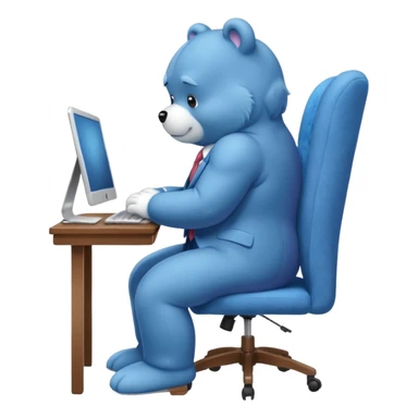 Care bear sad in suit back view, sit on a chair, working on a computer, with a big desk sticker