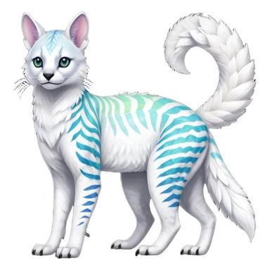 Realistic Colorful tropical tribal pale light white glorious iridescent exotic albino neon vibrant zigzagged fantasy-caracal-civet-genet-sergal-vernid-Gryphon-Cacomistle-Trico-oncilla-animal-Fakémon-hybrid-fursona (full body), facial markings, (realism style) sticker