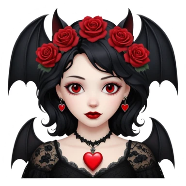 red gothic heart with black lace, roses, and a bat, dark romance sticker