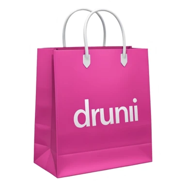 Fuchsia pink paper bag with white handles, repeating 'DRUNI' pattern in light pink and a large vertical 'DRUNI' in bold white letters in the center, iOS emoji style, shiny and realistic. sticker
