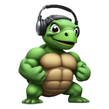 bodybuilder turtle with huge muscles flexing and listening to music sticker