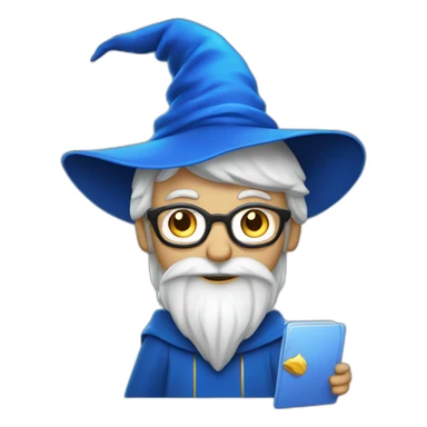 wizard Merlin with a laptop and blue hat sticker