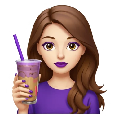 girl with long brown hair, wine lipstick, gold nail polish, drinking a blueberry butter pecan iced coffee with a purple straw  sticker