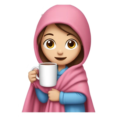 girl with brown hair and blue eyes covered in a pink blanket, drinking hot chocolate in a white mug ￼ sticker