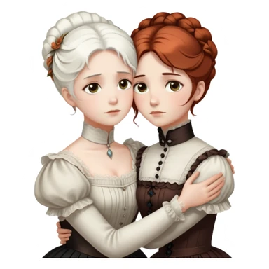 Two Victorian women with light eyes embracing in a sad, intimate hug. One woman has bright white coiffed hair and the other has dark copper coiffed hair. Both wearing Victorian high-neck dresses with their arms wrapped tightly around each other sticker