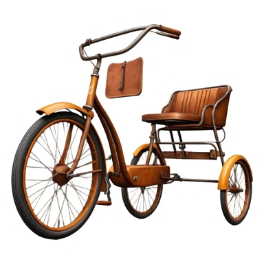 ​Cinematic Realistic Tricycle Rickshaw, depicted as a vintage manually operated vehicle featuring two front wheels and a single rear wheel, rendered with detailed rustic textures, vibrant colors, and dynamic urban lighting that captures its unique design and cultural charm, sticker