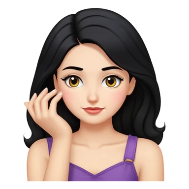 smirking face looking down with makeup, black hair, one hand in hair, very emoji-like sticker
