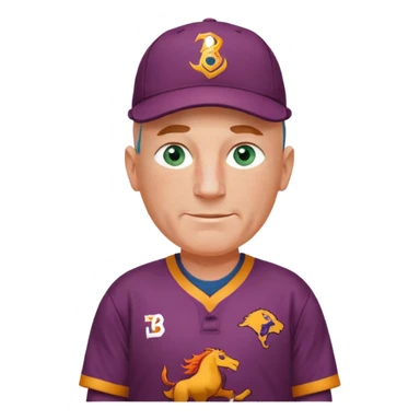 young-ish 50 year old man dressed in a brisbane broncos jersey, bald head, fair freckled skin, happy face, blueish green eyes, wearing brisbane broncos baseball style cap, picture should be down to waist, hands on hips in a player stance sticker
