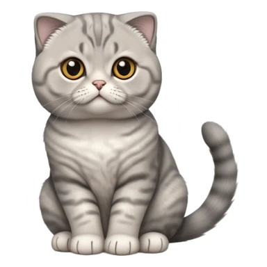 Cinematic-Scottish-Fold-Cat-Realistic-Full-Body-Sitting-Emoji – Tail curled playfully around its paws, head tilted dramatically, thick and plush solid-grey fur, signature folded ears resting gently against its round head, simplified yet realistic focused features, highly detailed, glowing with an almost sarcastic glow, deep amber eyes radiating quiet wisdom and charm. sticker