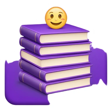 stack of books with the top one purple, emoji style sticker